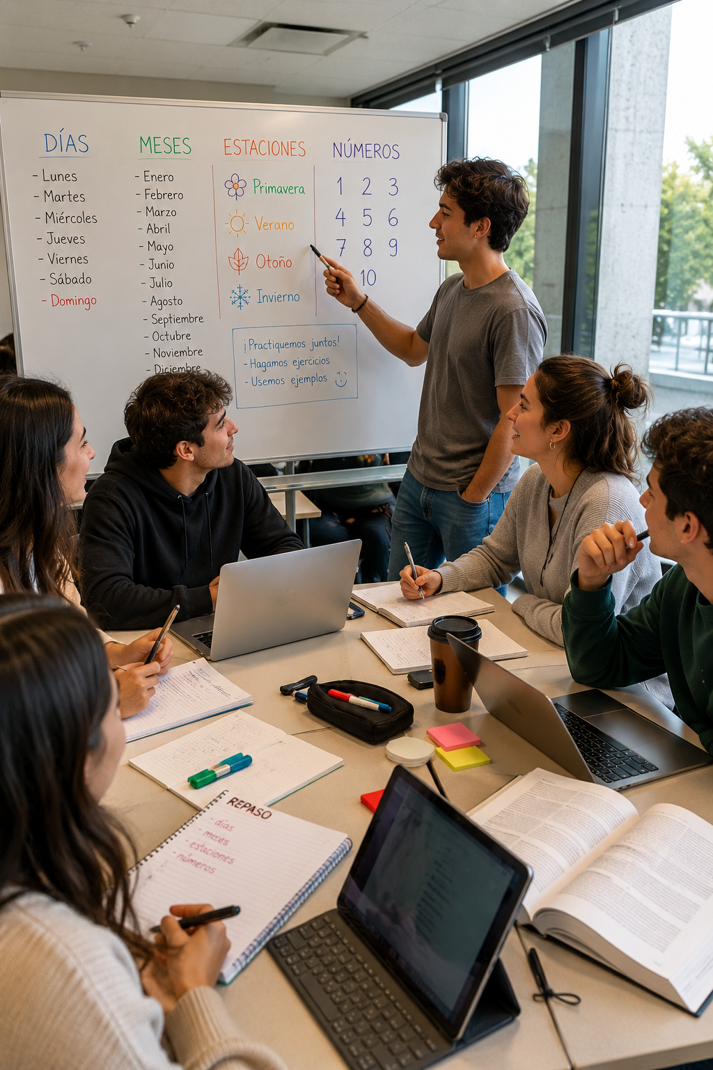 Estudiantes interactuando y estudiando español